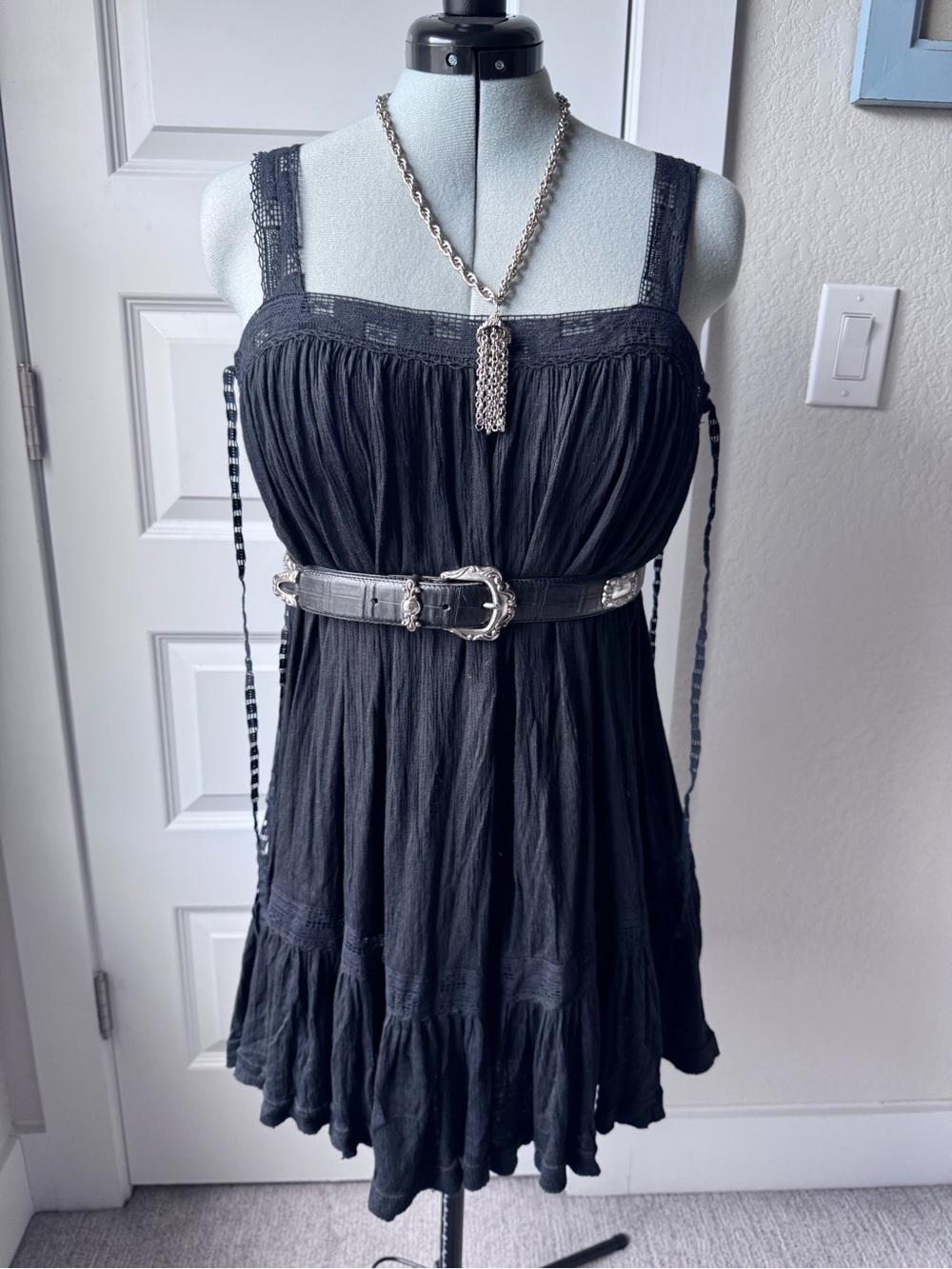 Free People Black Lace-Up Ruffled Slip Dress